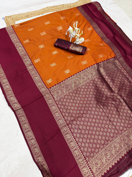 Quintessential Orange Pure Zari Weaving Banarasi Silk Saree With Precious Blouse Piece