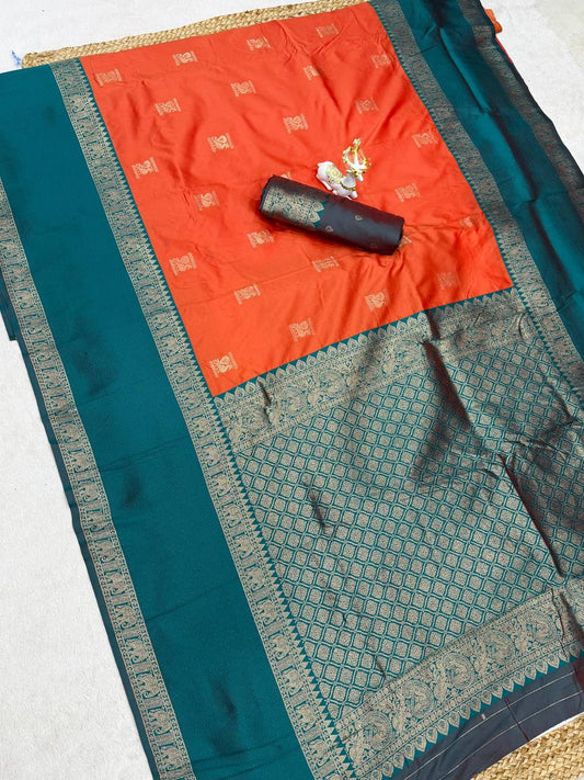Delectable Orange Pure Zari Weaving Banarasi Silk Saree With Assemblage Blouse Piece