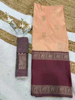 Sensational Peach Pure Zari Weaving Banarasi Silk Saree With Ailurophile Blouse Piece