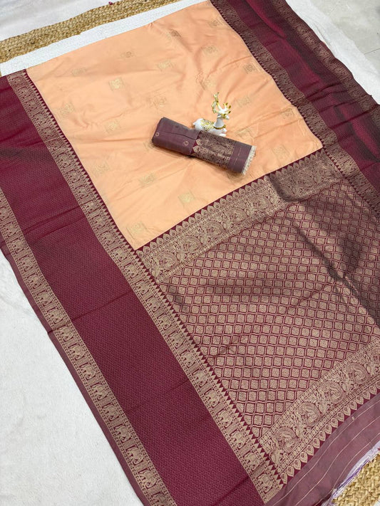 Sensational Peach Pure Zari Weaving Banarasi Silk Saree With Ailurophile Blouse Piece