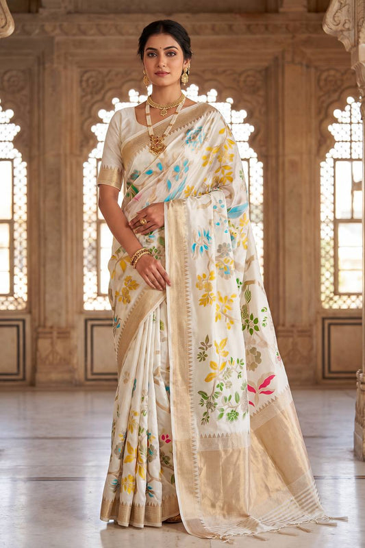 Inspiring Beige Khadi Georgette Banarasi Silk Saree With Magnificat Blouse Piece