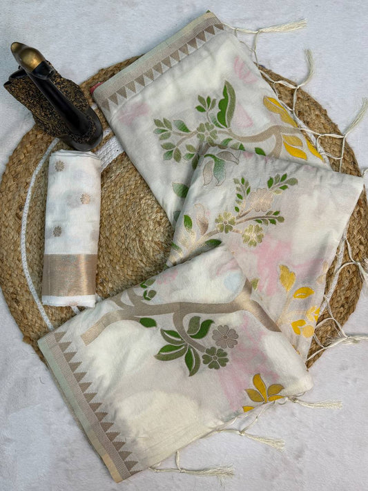 Inspiring Beige Khadi Georgette Banarasi Silk Saree With Magnificat Blouse Piece