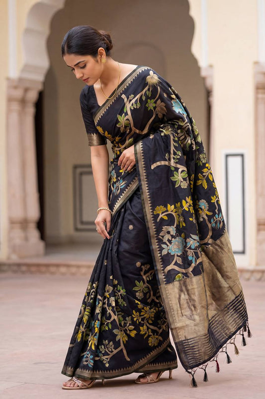 Imbrication Black Khadi Georgette Banarasi Silk Saree With Enamoring Blouse Piece