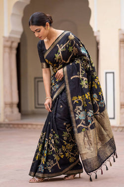Imbrication Black Khadi Georgette Banarasi Silk Saree With Enamoring Blouse Piece