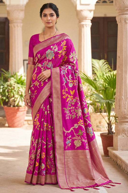 Deserving Dark Pink Khadi Georgette Banarasi Silk Saree With Captivating Blouse Piece