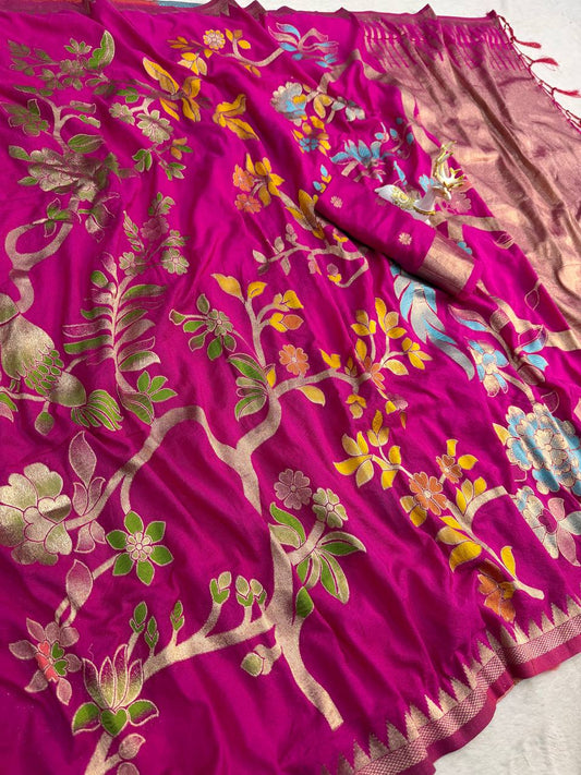 Deserving Dark Pink Khadi Georgette Banarasi Silk Saree With Captivating Blouse Piece