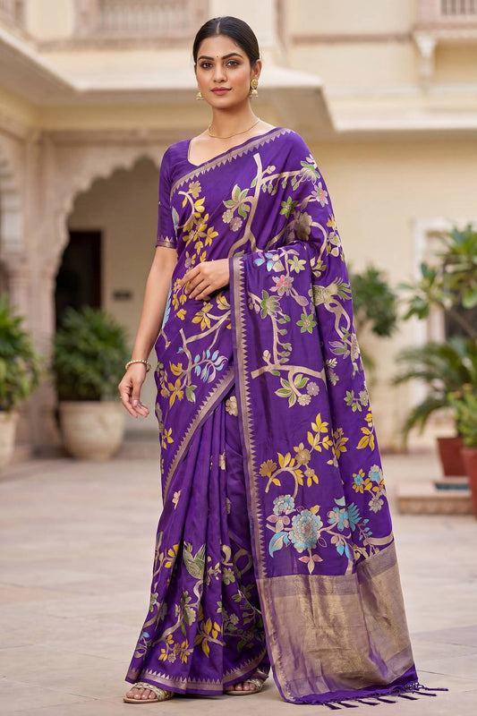 Fugacious Purple Khadi Georgette Banarasi Silk Saree With Lovely Blouse Piece