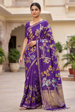 Fugacious Purple Khadi Georgette Banarasi Silk Saree With Lovely Blouse Piece