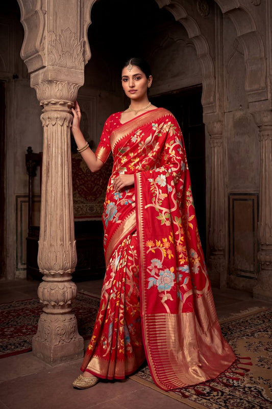 Tremendous Red Khadi Georgette Banarasi Silk Saree With Designer Blouse Piece