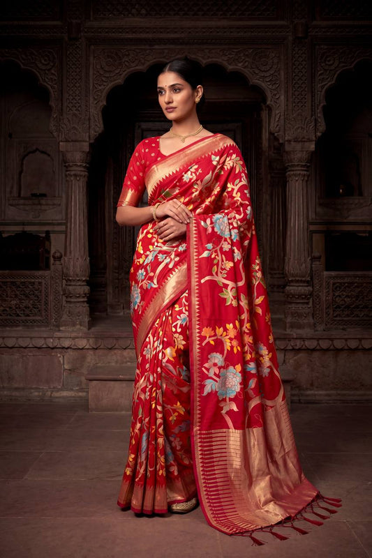 Tremendous Red Khadi Georgette Banarasi Silk Saree With Designer Blouse Piece