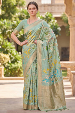 Refreshing Sea Green Khadi Georgette Banarasi Silk Saree With Breathtaking Blouse Piece