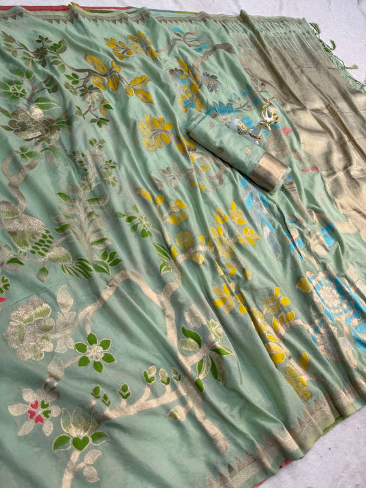 Refreshing Sea Green Khadi Georgette Banarasi Silk Saree With Breathtaking Blouse Piece