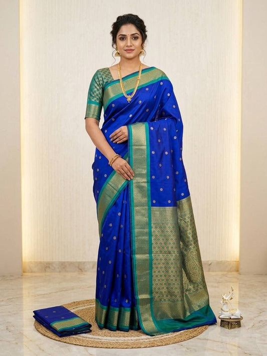 Dazzling Royal Blue Pure Zari Weaving Banarasi Silk Saree With Sumptuous Blouse Piece