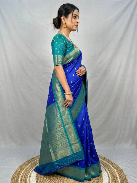 Dazzling Royal Blue Pure Zari Weaving Banarasi Silk Saree With Sumptuous Blouse Piece
