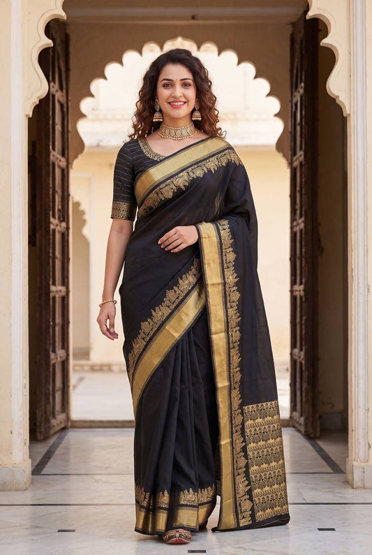 Prettiest Black Soft Silk Saree With Prodigal Blouse Piece