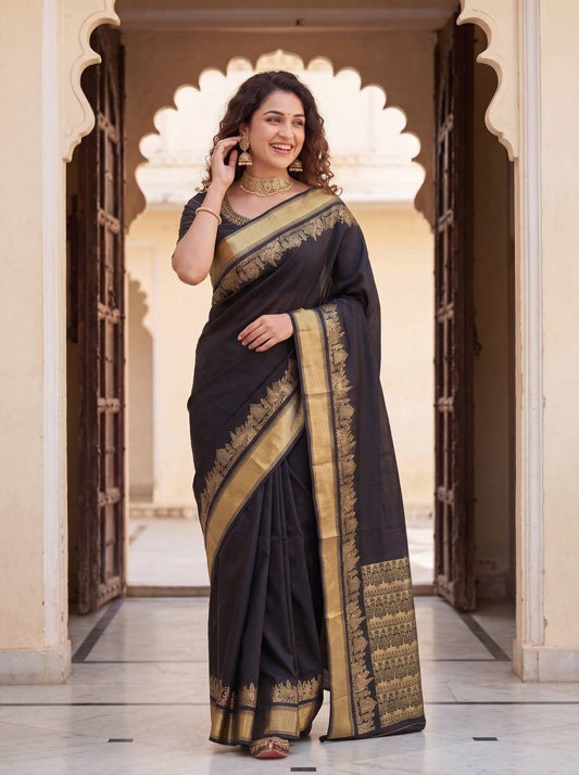 Prettiest Black Soft Silk Saree With Prodigal Blouse Piece