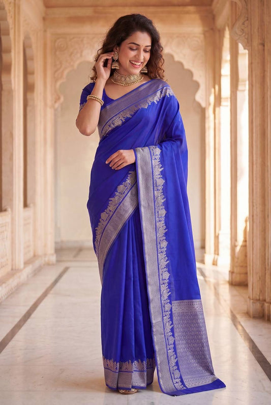 Quintessential Royal Blue Soft Silk Saree With Gossamer Blouse Piece