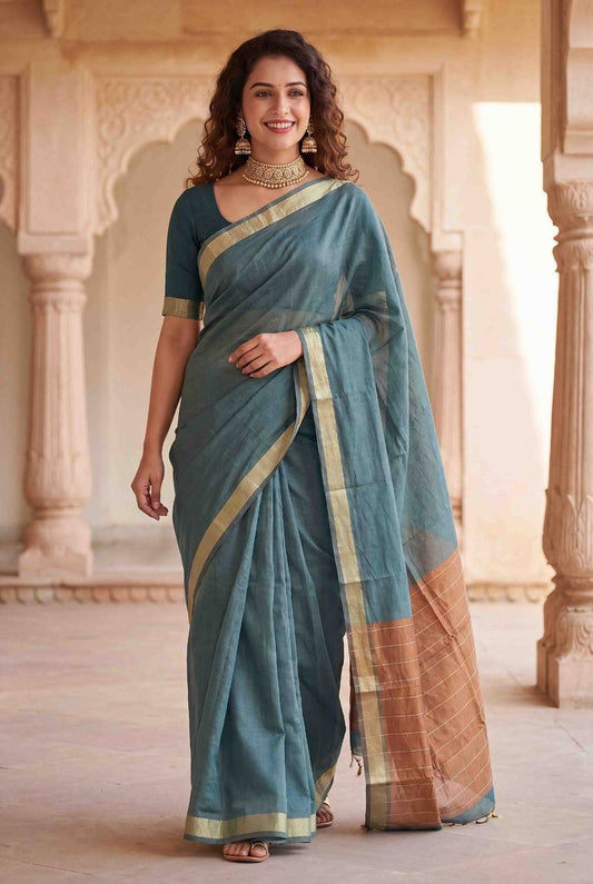 Impressive Sea Green Cotton Silk Saree With Beleaguer Blouse Piece