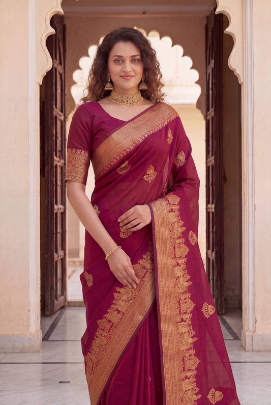 Ornate Wine Soft Silk Saree With Luminous Blouse Piece