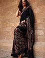 Skinny Black Ajrakh Printed Mirror Work Satin Silk Saree With Amiable Blouse Piece
