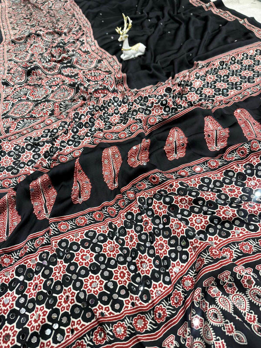 Skinny Black Ajrakh Printed Mirror Work Satin Silk Saree With Amiable Blouse Piece
