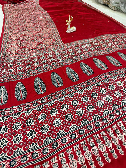 Splendiferous Maroon Ajrakh Printed Mirror Work Satin Silk Saree With Whimsical Blouse Piece
