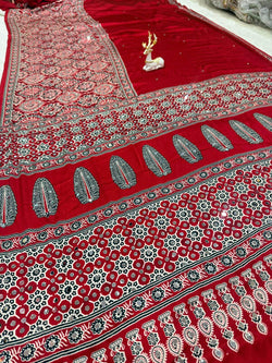 Splendiferous Maroon Ajrakh Printed Mirror Work Satin Silk Saree With Whimsical Blouse Piece