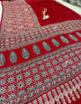 Splendiferous Maroon Ajrakh Printed Mirror Work Satin Silk Saree With Whimsical Blouse Piece