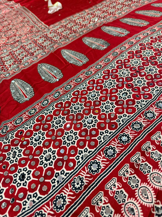 Splendiferous Maroon Ajrakh Printed Mirror Work Satin Silk Saree With Whimsical Blouse Piece