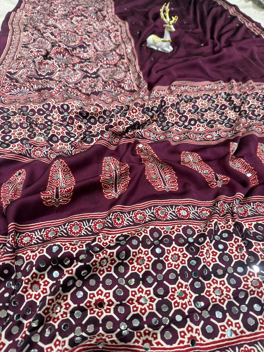 Incomparable Purple Ajrakh Printed Mirror Work Satin Silk Saree With Ebullience Blouse Piece