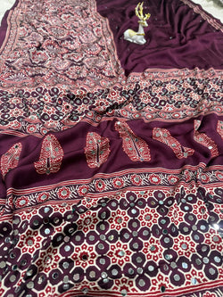 Incomparable Purple Ajrakh Printed Mirror Work Satin Silk Saree With Ebullience Blouse Piece