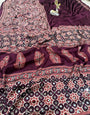 Incomparable Purple Ajrakh Printed Mirror Work Satin Silk Saree With Ebullience Blouse Piece