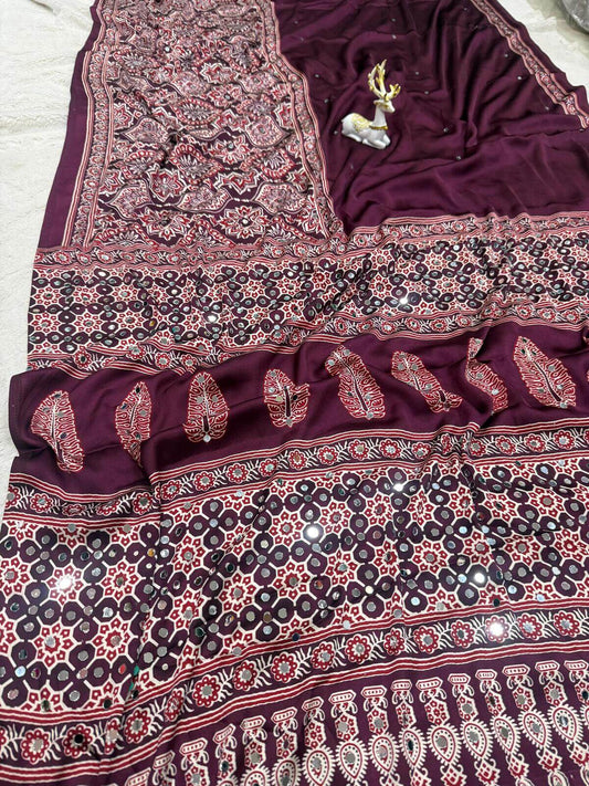 Incomparable Purple Ajrakh Printed Mirror Work Satin Silk Saree With Ebullience Blouse Piece