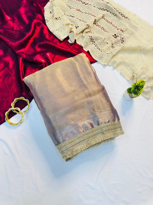 Scrumptious Lavender Tissue Silk Saree With Moiety Blouse Piece