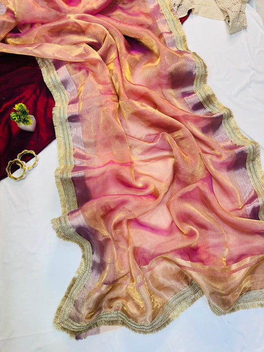 Quixotic Pink Tissue Silk Saree With Forbearance Blouse Piece