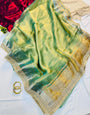 Glamorous Pista Tissue Silk Saree With Inimitable Blouse Piece