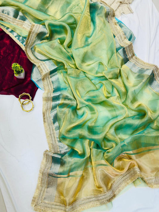 Glamorous Pista Tissue Silk Saree With Inimitable Blouse Piece