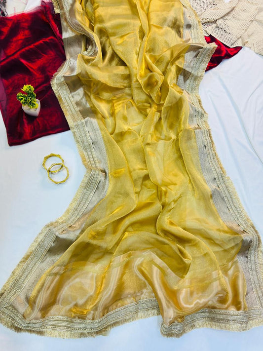 Resonant Yellow Tissue Silk Saree With Rhapsodic Blouse Piece