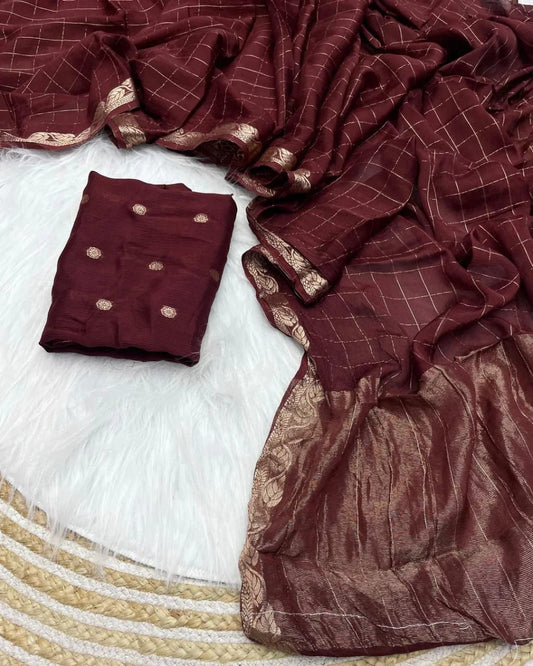 Gossamer Brown Banarasi Georgette Silk Saree With Exquisite Blouse Piece