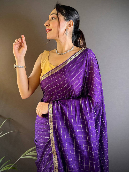 Ephemeral Purple Banarasi Georgette Silk Saree With Glittering Blouse Piece