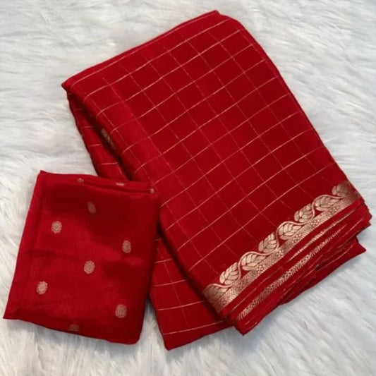 Pleasurable Red Banarasi Georgette Silk Saree With Propinquity Blouse Piece