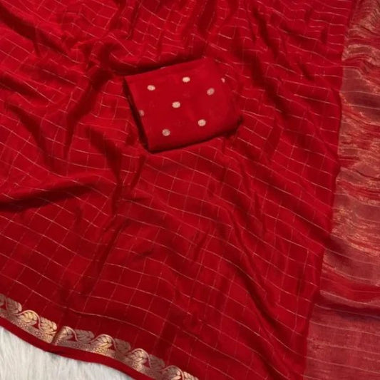 Pleasurable Red Banarasi Georgette Silk Saree With Propinquity Blouse Piece