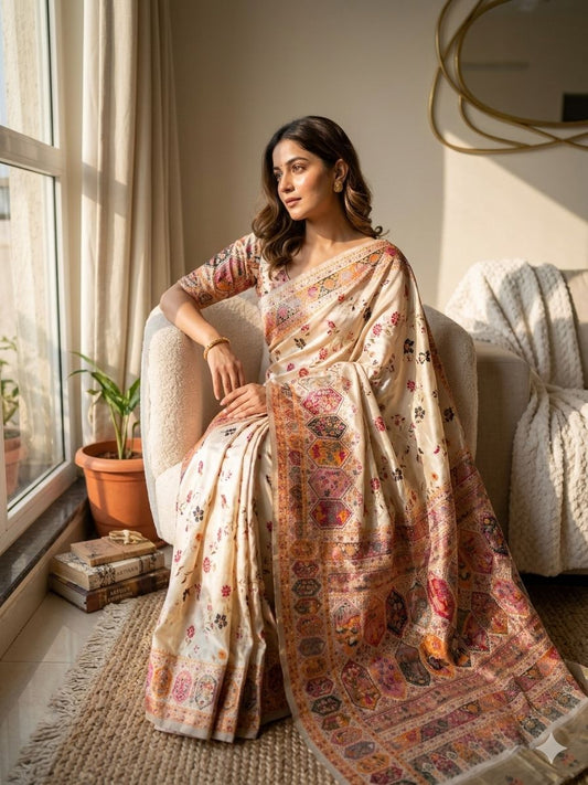 Grandiose Beige Pashmina Silk Saree With Breathtaking Blouse Piece