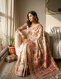 Grandiose Beige Pashmina Silk Saree With Breathtaking Blouse Piece