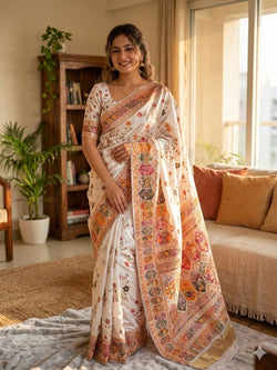 Vibrant Off White Pashmina Silk Saree With Seraglio Blouse Piece