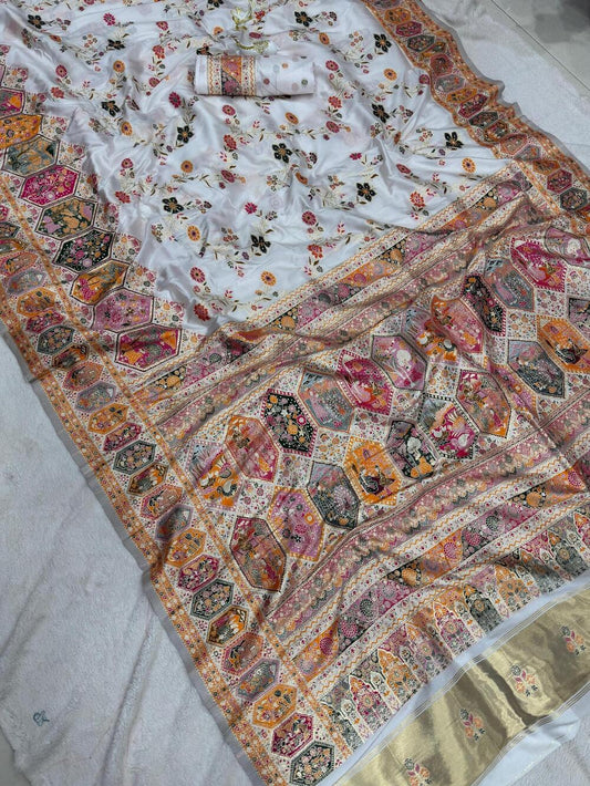 Vibrant Off White Pashmina Silk Saree With Seraglio Blouse Piece