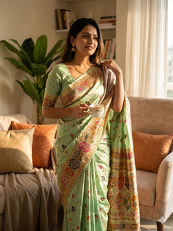 Innovative Pista Pashmina Silk Saree With Assemblage Blouse Piece