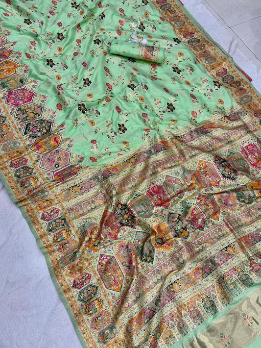 Innovative Pista Pashmina Silk Saree With Assemblage Blouse Piece