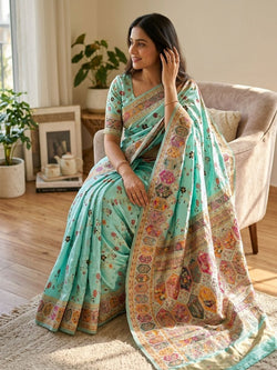 Enigmatic Sky Pashmina Silk Saree With Desuetude Blouse Piece