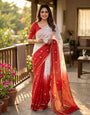 Opulent Beige and Red Pure Zari Weaving Banarasi Silk Saree With Lissome Blouse Piece